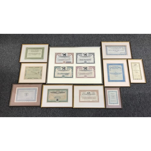 518 - Four Waltham Watch Company stock certificates, framed; together with a collection of framed horologi... 