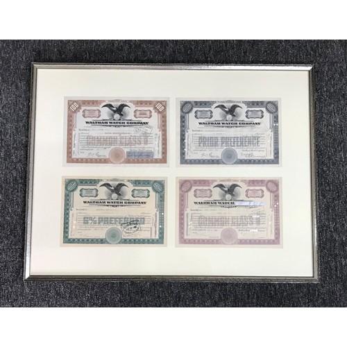 518 - Four Waltham Watch Company stock certificates, framed; together with a collection of framed horologi... 