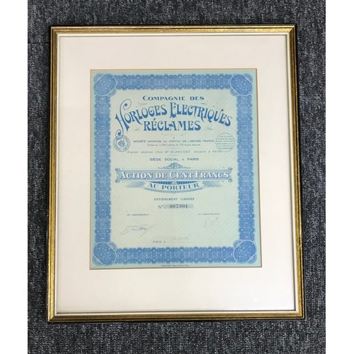 518 - Four Waltham Watch Company stock certificates, framed; together with a collection of framed horologi... 