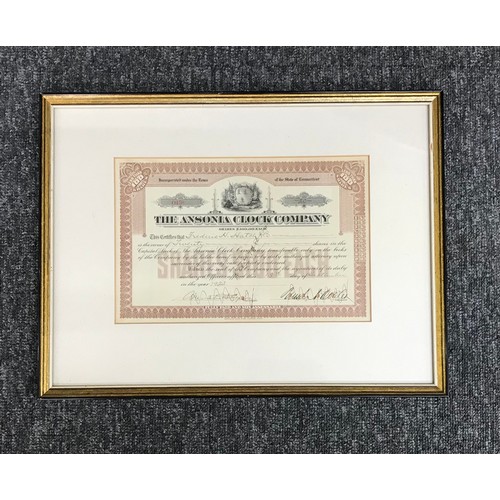 518 - Four Waltham Watch Company stock certificates, framed; together with a collection of framed horologi... 