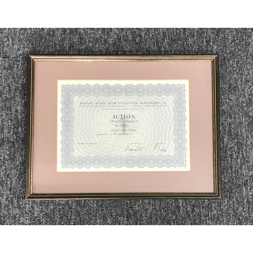 518 - Four Waltham Watch Company stock certificates, framed; together with a collection of framed horologi... 