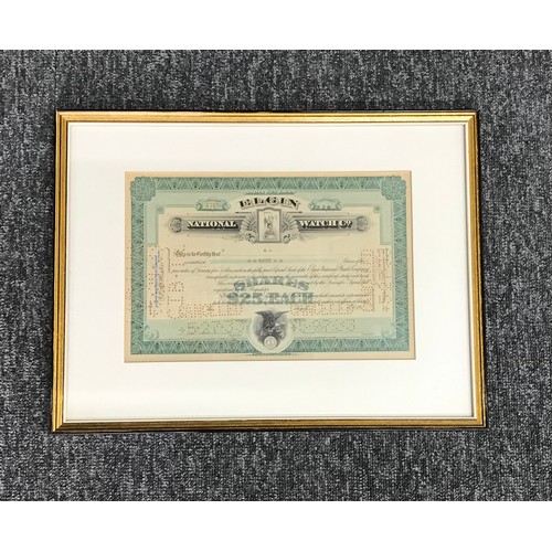 518 - Four Waltham Watch Company stock certificates, framed; together with a collection of framed horologi... 