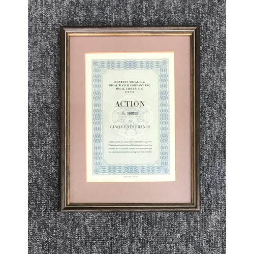 518 - Four Waltham Watch Company stock certificates, framed; together with a collection of framed horologi... 