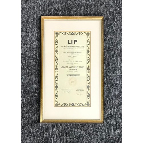 518 - Four Waltham Watch Company stock certificates, framed; together with a collection of framed horologi... 