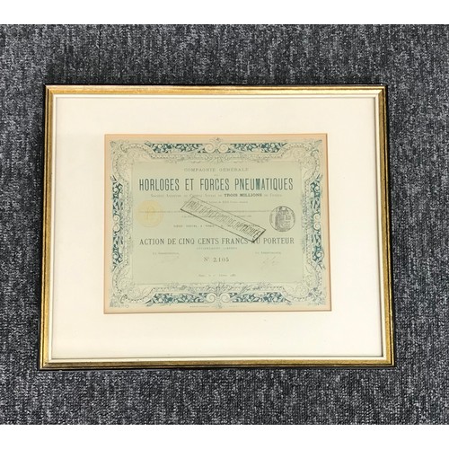 518 - Four Waltham Watch Company stock certificates, framed; together with a collection of framed horologi... 