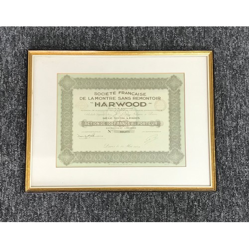 518 - Four Waltham Watch Company stock certificates, framed; together with a collection of framed horologi... 