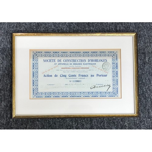 518 - Four Waltham Watch Company stock certificates, framed; together with a collection of framed horologi... 