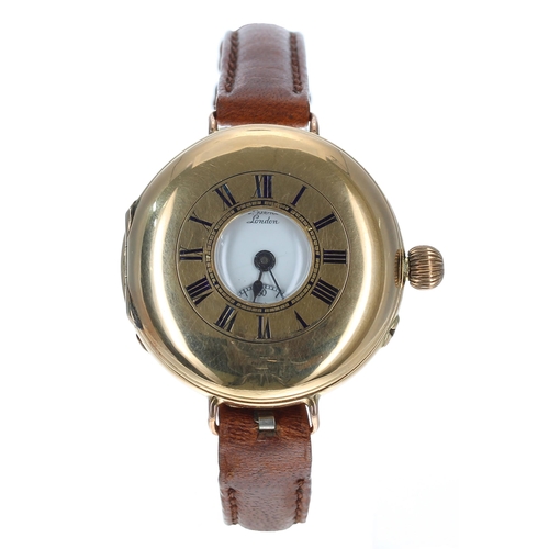 286 - J.W. Benson 18ct half hunter wire-lug wristwatch, London 1909, signed white dial with Roman numerals... 