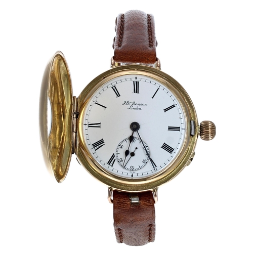 286 - J.W. Benson 18ct half hunter wire-lug wristwatch, London 1909, signed white dial with Roman numerals... 