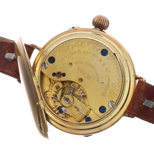 286 - J.W. Benson 18ct half hunter wire-lug wristwatch, London 1909, signed white dial with Roman numerals... 