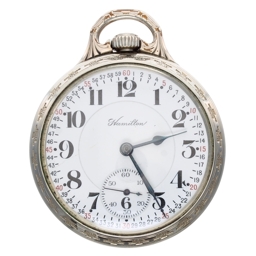 612 - Hamilton Watch Co. 'Railroad Model' 14k white gold filled lever set pocket watch, circa 1913, signed... 