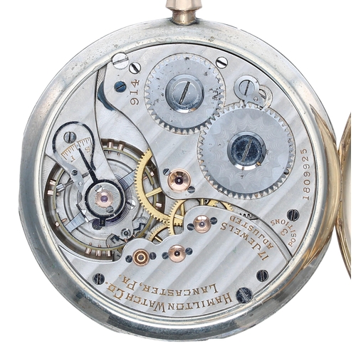 625 - Hamilton Watch Co. 14k lever dress pocket watch, circa 1921, signed 914 17 jewel adjusted 3 position... 