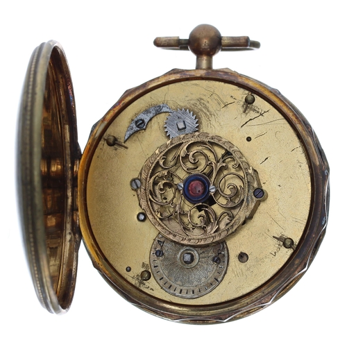 755 - French gilt metal calendar verge pocket watch, unsigned gilt movement with pierced balance bridge, t... 