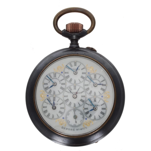 705 - Continental World Time gunmetal lever pocket watch, gilt frosted bar movement with compensated balan... 