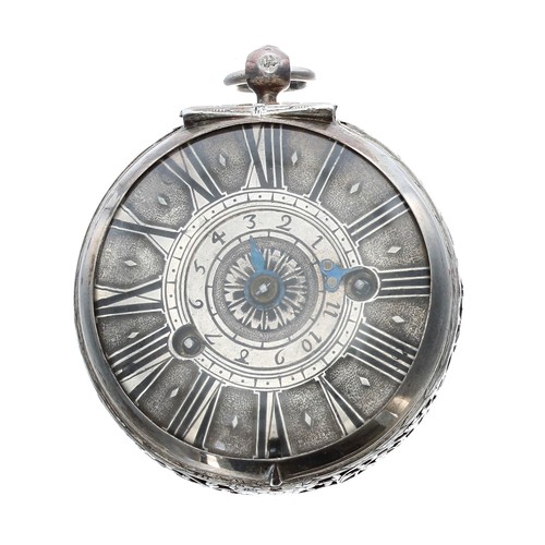 Rare French 17th century 'Oignon' alarm single hand verge silver pocket watch by Garnier Á Partenay, circa 1680, signed fusee movement with large pierced engraved balance bridge and flat steel three arm balance, engraved and pierced barrel to alarm striking on a bell to the inner case and elongated Egyptian pillars, silver champlevé dial with single hand, Roman numerals, inner track, centre rotating Arabic alarm disc with blued steel indicator and two movement and alarm winding holes, finely pierced and engraved case with animals amidst trailing foliage, 52mm; with an embossed key with a hardstone matrix (the movement requires attention)