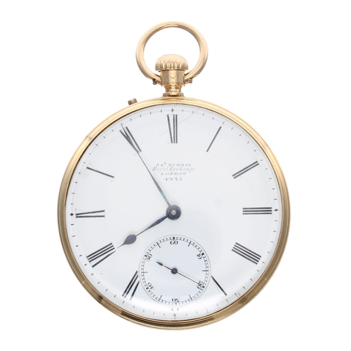 675 - Jas Murray 18ct lever pocket watch, London 1857, gilt frosted three quarter plate fusee movement sig... 