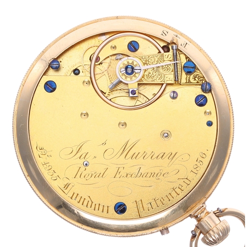 675 - Jas Murray 18ct lever pocket watch, London 1857, gilt frosted three quarter plate fusee movement sig... 