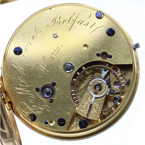 775 - Victorian 18ct lever pocket watch, London 1874, the gilt frosted fusee movement signed F. M. Moore, ... 