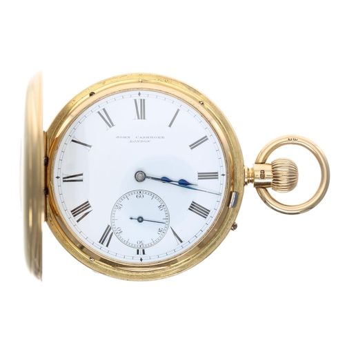 785 - Victorian 18ct half hunter lever pocket watch, London 1879, gilt movement signed John Cashmore, 1, N... 