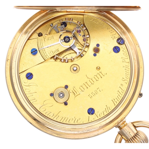 785 - Victorian 18ct half hunter lever pocket watch, London 1879, gilt movement signed John Cashmore, 1, N... 