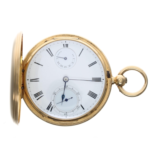 679 - Victorian 18ct hunter pocket chronometer, London 1864, the gilt frosted three quarter plate fusee le... 