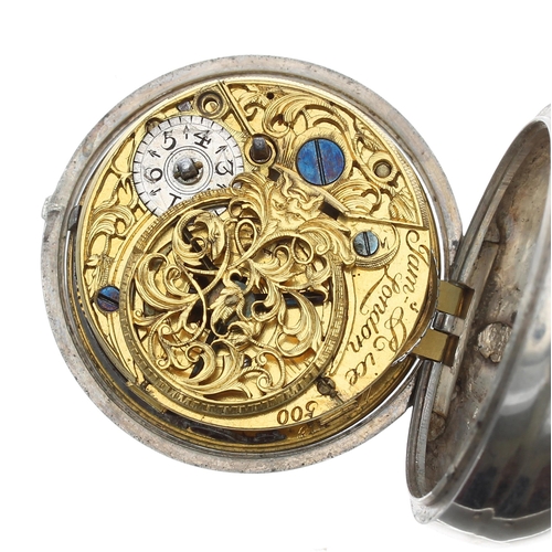 662 - English 18th century silver pair cased verge pocket watch, London 1750, the fusee movement signed Ja... 