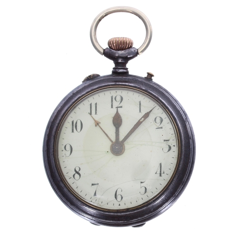 663 - Swiss gunmetal alarm pocket watch, the dial with Arabic numerals, minute markers and centre alarm in... 