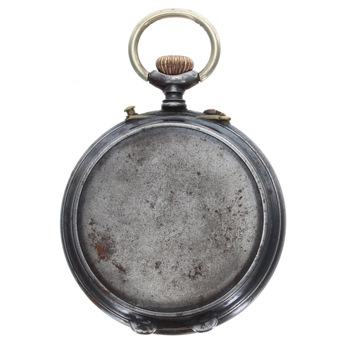 663 - Swiss gunmetal alarm pocket watch, the dial with Arabic numerals, minute markers and centre alarm in... 