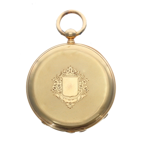 666 - Attractive Swiss 18ct cylinder pocket watch,  gilt frosted bar movement with gilt three arm balance ... 