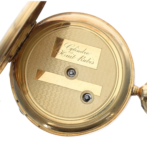 666 - Attractive Swiss 18ct cylinder pocket watch,  gilt frosted bar movement with gilt three arm balance ... 