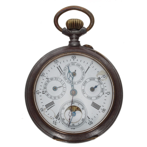 668 - Continental gunmetal calendar lever pocket watch, frosted bar movement with compensated balance and ... 