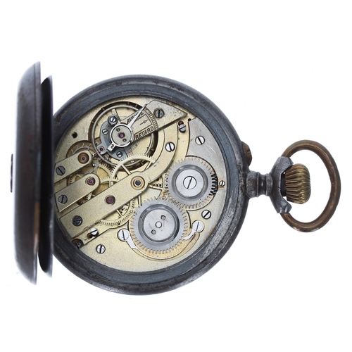 668 - Continental gunmetal calendar lever pocket watch, frosted bar movement with compensated balance and ... 