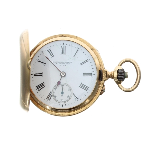 671 - Austrian 18ct lever hunter fob watch, gilt frosted bar movement with compensated balance and regulat... 