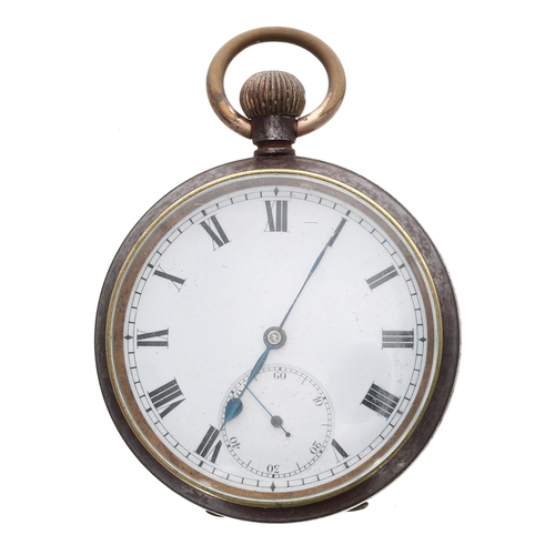 692 - Omega gunmetal lever pocket watch, signed gilt frosted movement with compensated balance and regulat... 