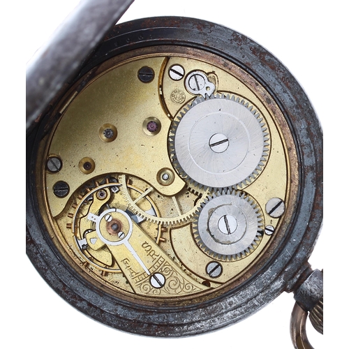 692 - Omega gunmetal lever pocket watch, signed gilt frosted movement with compensated balance and regulat... 