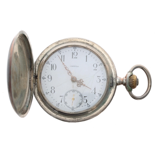 712 - Omega silver (0.800) lever hunter pocket watch, gilt frosted movement with compensated balance and r... 