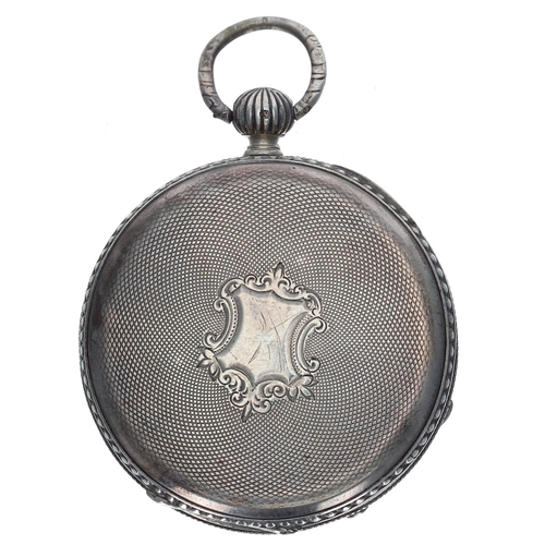 721 - White metal cylinder engine turned pocket watch, interesting foliage engraved movement inset with co... 