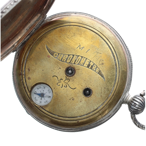 721 - White metal cylinder engine turned pocket watch, interesting foliage engraved movement inset with co... 