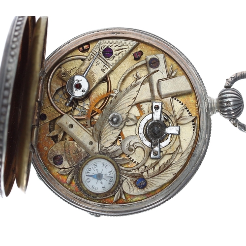 721 - White metal cylinder engine turned pocket watch, interesting foliage engraved movement inset with co... 