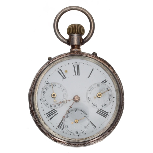 724 - Continental white metal cylinder calendar pocket watch, unsigned movement, inscribed hinged cuvette,... 