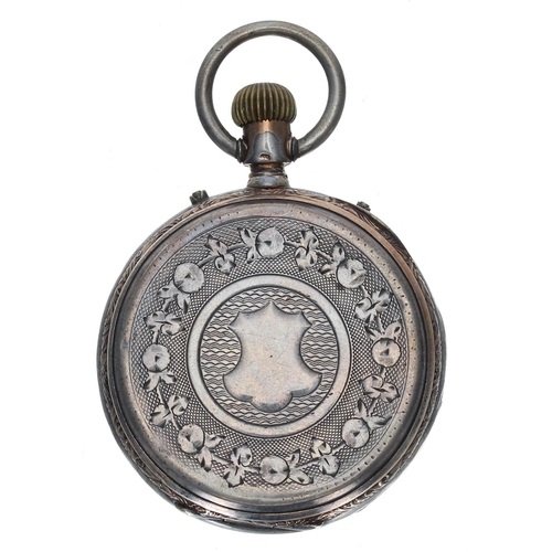 724 - Continental white metal cylinder calendar pocket watch, unsigned movement, inscribed hinged cuvette,... 