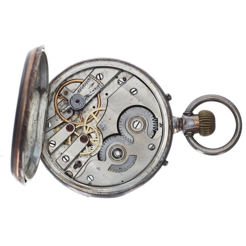 724 - Continental white metal cylinder calendar pocket watch, unsigned movement, inscribed hinged cuvette,... 