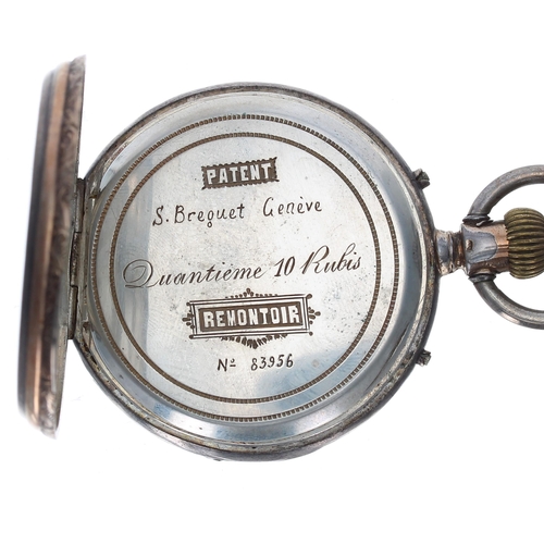 724 - Continental white metal cylinder calendar pocket watch, unsigned movement, inscribed hinged cuvette,... 