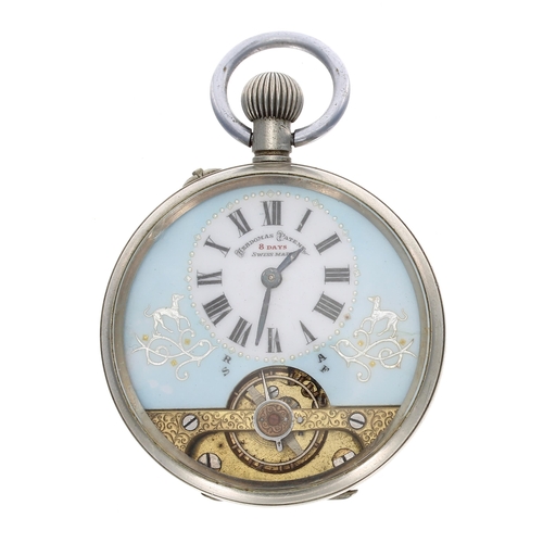 728 - Hebdomas Patent 8 Days nickel cased pocket watch, the Roman numeral dial on a pale blue ground over ... 