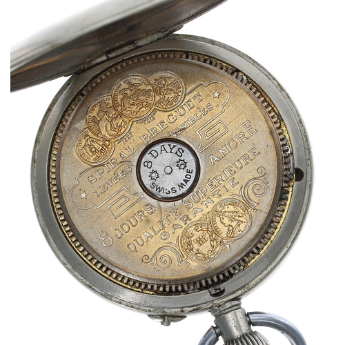 728 - Hebdomas Patent 8 Days nickel cased pocket watch, the Roman numeral dial on a pale blue ground over ... 