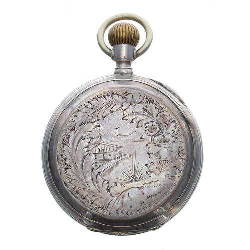 736 - Monard & Cie, Geneve white metal lever set hunter pocket watch, bar movement with compensated ba... 