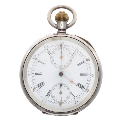 742 - Silver (0.935) centre seconds chronograph lever pocket watch, three quarter plate movement with comp... 