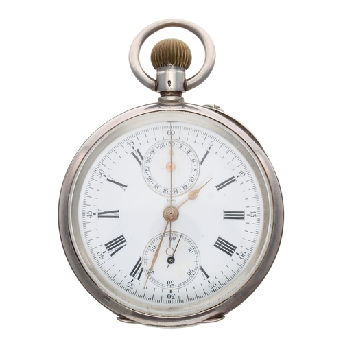 744 - Silver (0.935) centre seconds chronograph lever pocket watch, gilt frosted movement with compensated... 