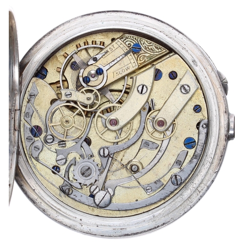 744 - Silver (0.935) centre seconds chronograph lever pocket watch, gilt frosted movement with compensated... 