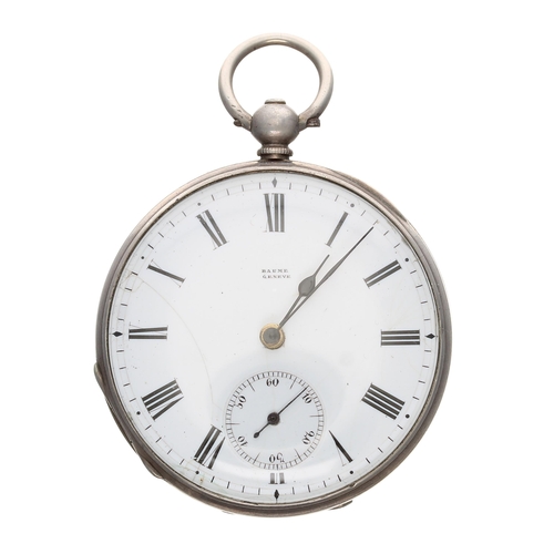 810 - Baume, Geveve white metal cylinder pocket watch, signed bar movement, no. 34172, hinged cuvette, sig... 